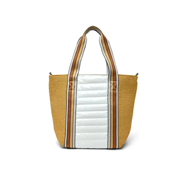 The Sunset Tote in Dune Raffia and White Patent