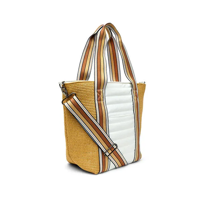 The Sunset Tote in Dune Raffia and White Patent