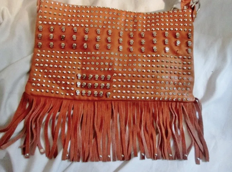 Vegan Fringe Shoulder Flap Bag Purse Messenger Crossbody SKULL ORANGE Stud