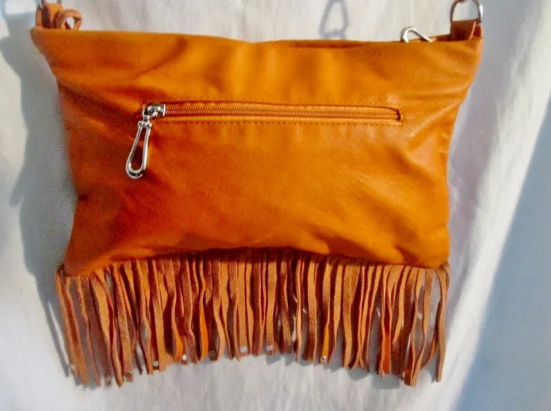 Vegan Fringe Shoulder Flap Bag Purse Messenger Crossbody SKULL ORANGE Stud