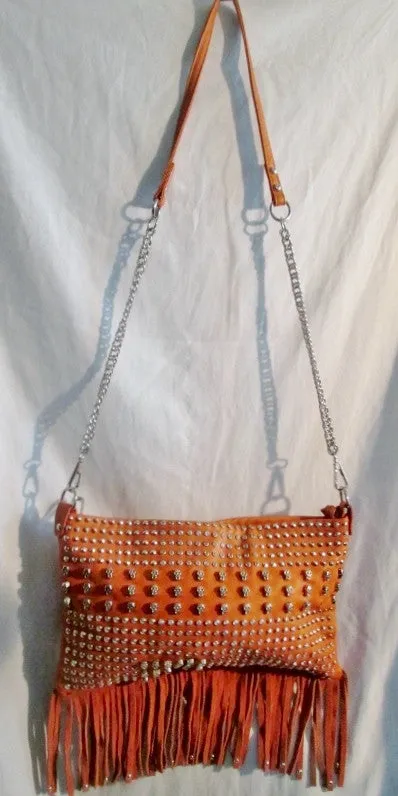 Vegan Fringe Shoulder Flap Bag Purse Messenger Crossbody SKULL ORANGE Stud