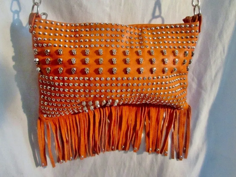 Vegan Fringe Shoulder Flap Bag Purse Messenger Crossbody SKULL ORANGE Stud