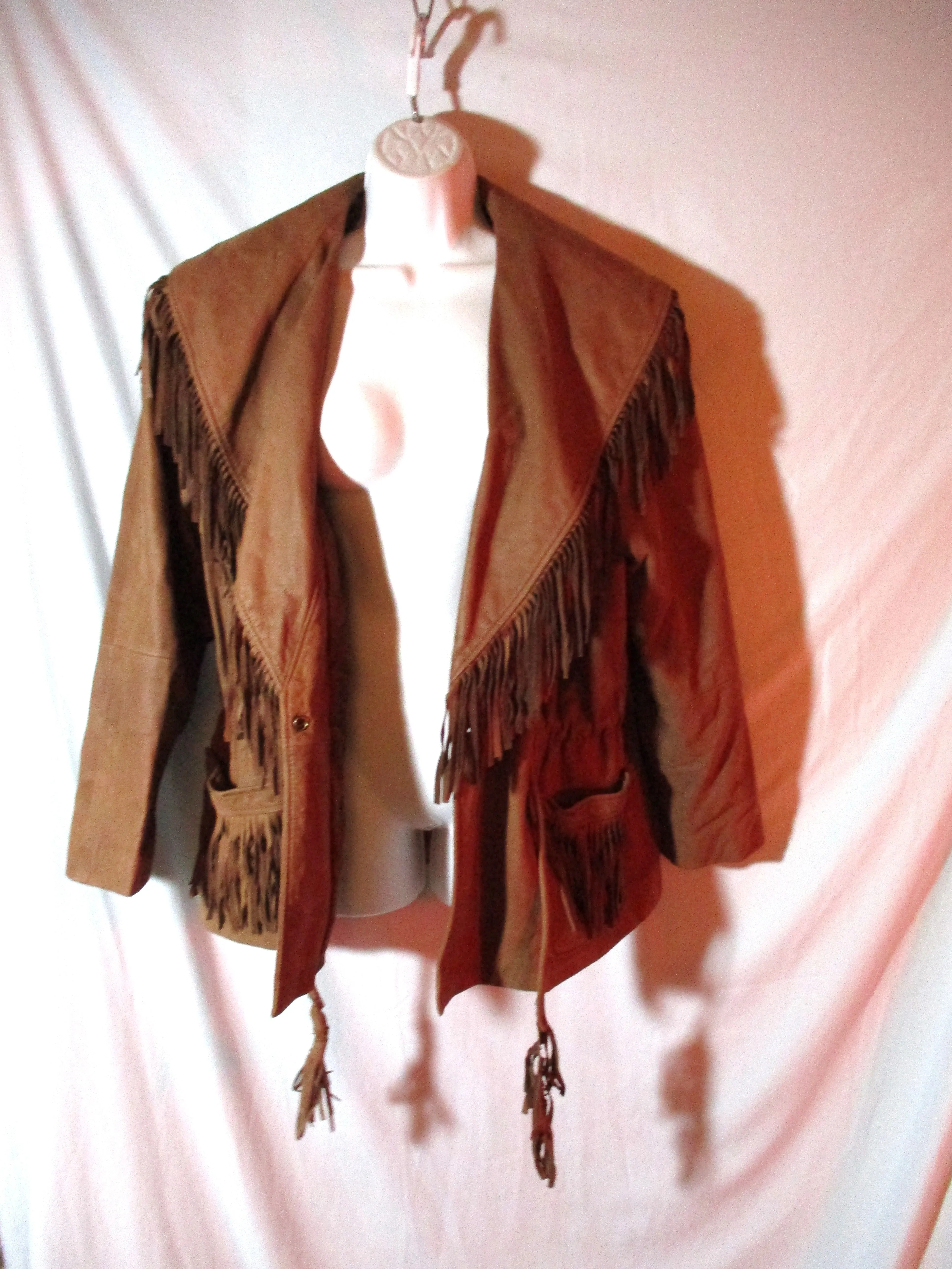 Vintage RZR Cowboy FRINGE Jacket Coat Hippie BROWN L Hippie 1970's Belted