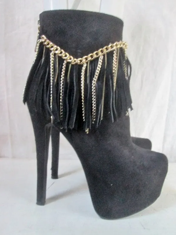 Womens BEBE Suede LEATHER High Heel Ankle Boot Booties 8 BLACK FRINGE