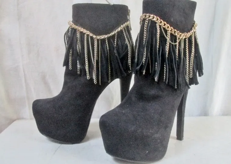 Womens BEBE Suede LEATHER High Heel Ankle Boot Booties 8 BLACK FRINGE